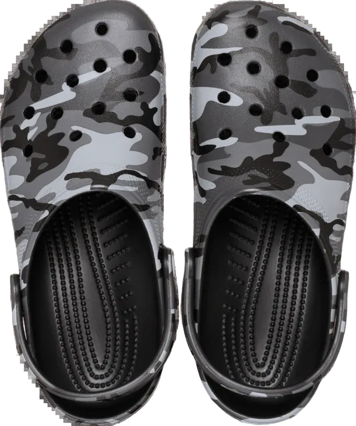 Pair of camouflage-patterned clogs on a white background