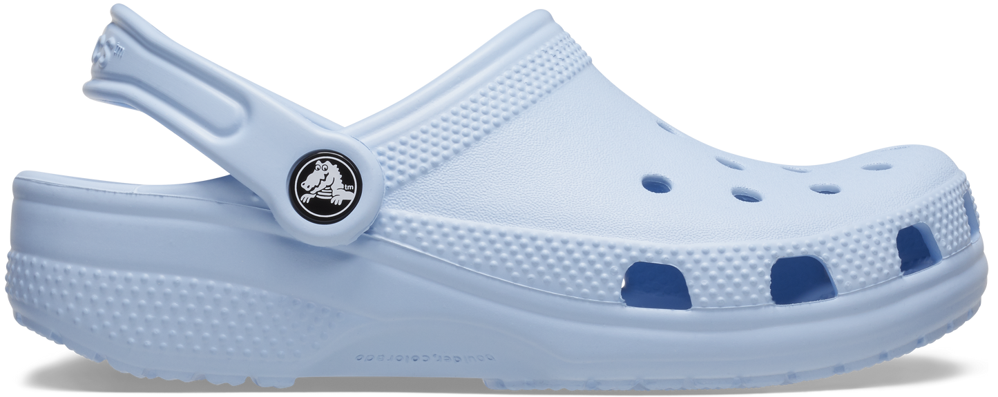 A single blue Crocs Classic Clog for kids with a closed heel and a pivoting heel strap.