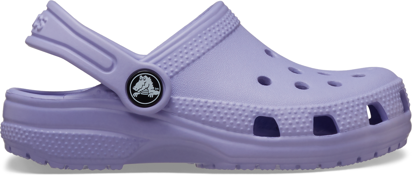 A single purple Croc Classic Clog for toddlers with a closed heel and a pivoting heel strap.