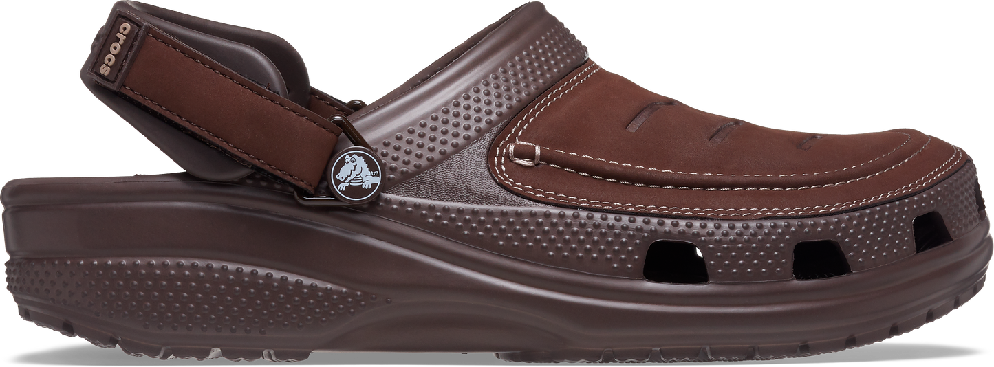 A brown men's clog with faux leather uppers and an adjustable heel strap, featuring a LiteRide foam footbed.