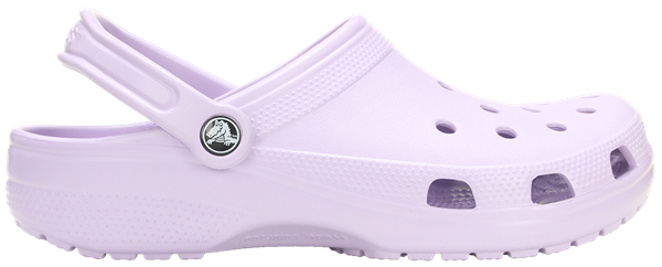A single lavender-colored Crocs Classic Clog with a closed heel and open toe design, featuring a logo on the strap.