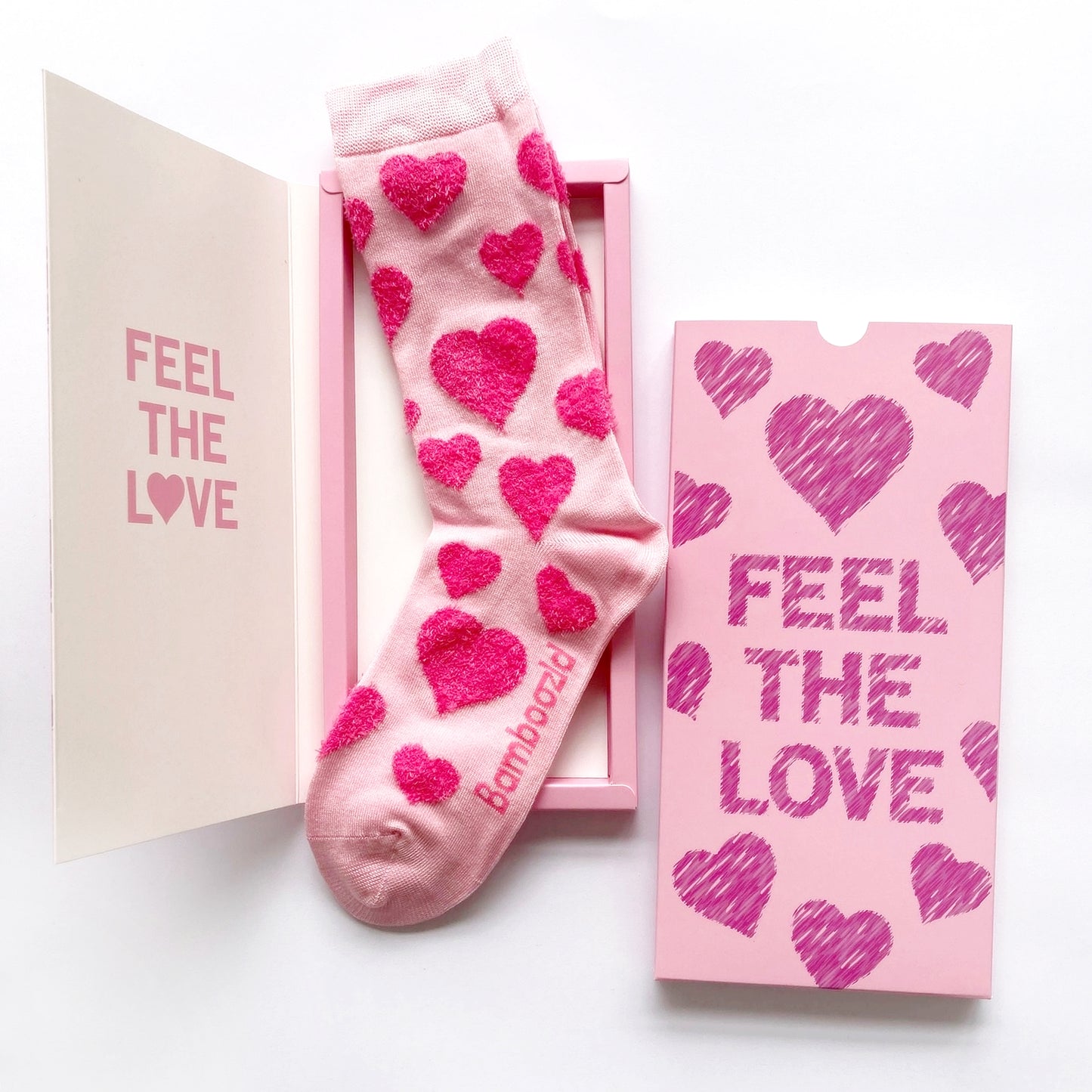 WOMENS BAMBOO SOCKS CARD FEEL THE LOVE PINK