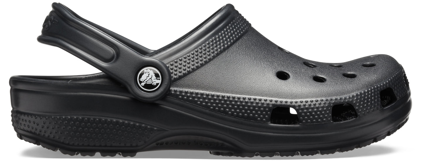 A single black Crocs Classic Clog for kids with a closed toe and pivoting heel strap.