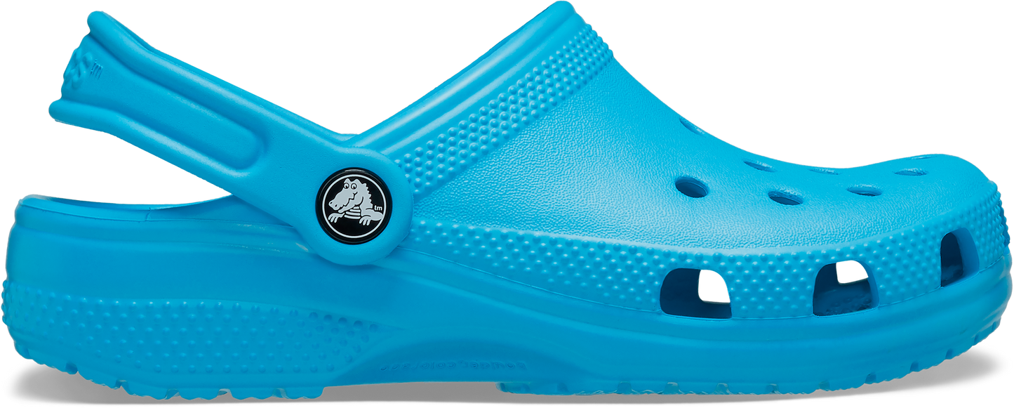 A single Venetian blue Crocs Classic Clog for kids with a closed heel and open toe design, featuring pivoting heel straps.