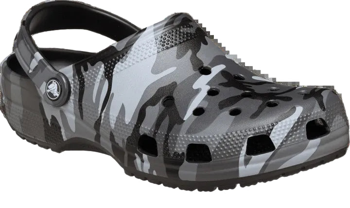Camouflage-patterned clog shoe on a white background
