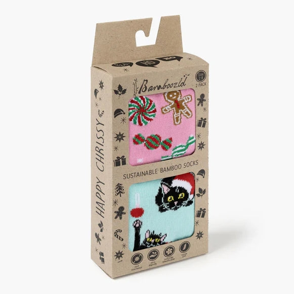 Bamboozld Womens 2PK Sock Gingerbread & Meowy Cat Hanging Gift Box Pink/Mint