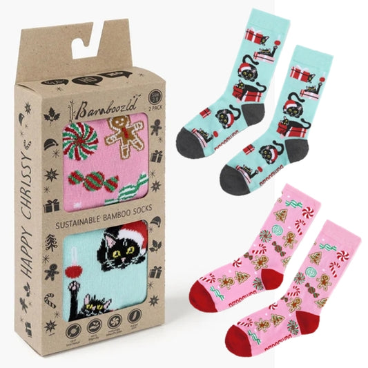 Bamboozld Womens 2PK Sock Gingerbread & Meowy Cat Hanging Gift Box Pink/Mint