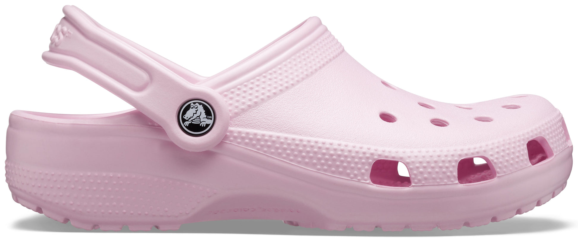 A single ballerina pink Crocs Classic Clog with a closed heel and multiple air holes on a white background.
