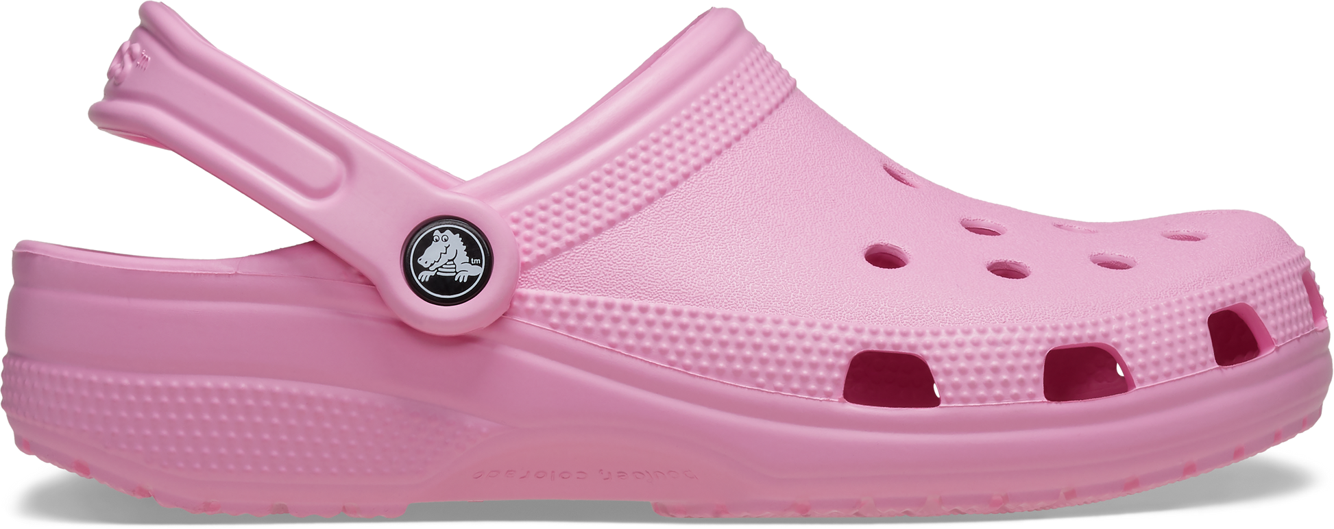 A pink classic clog with a lightweight design and a pivoting heel strap.
