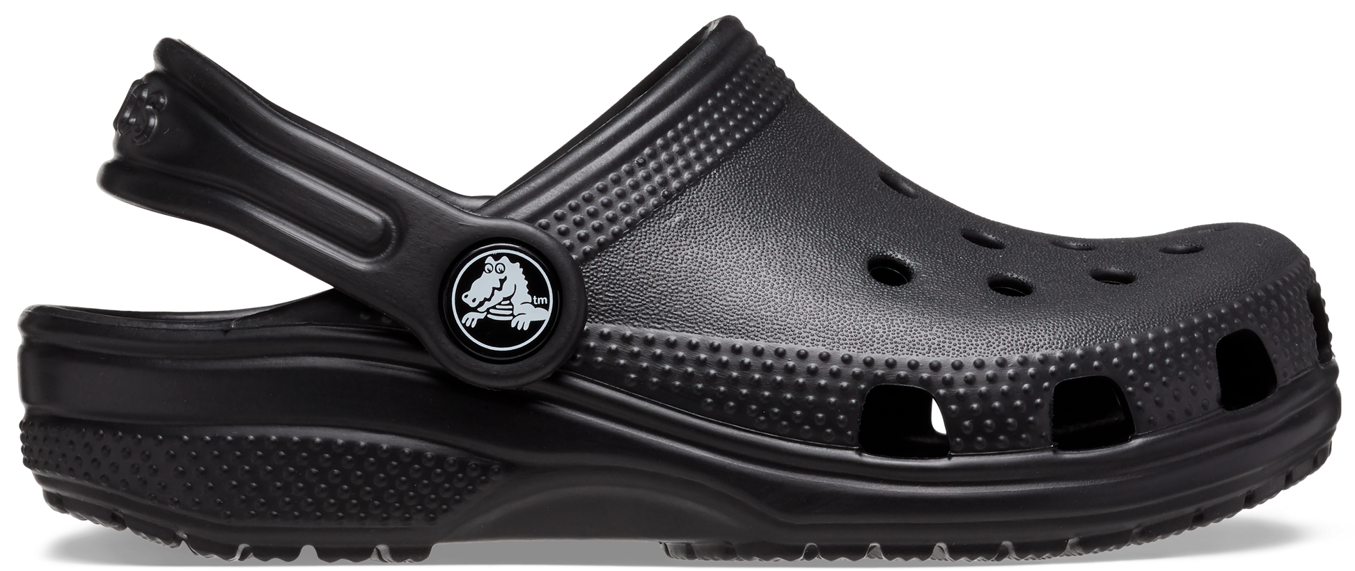 A black Iconic Crocs Classic Clog with a closed heel and the Crocs logo on the strap.