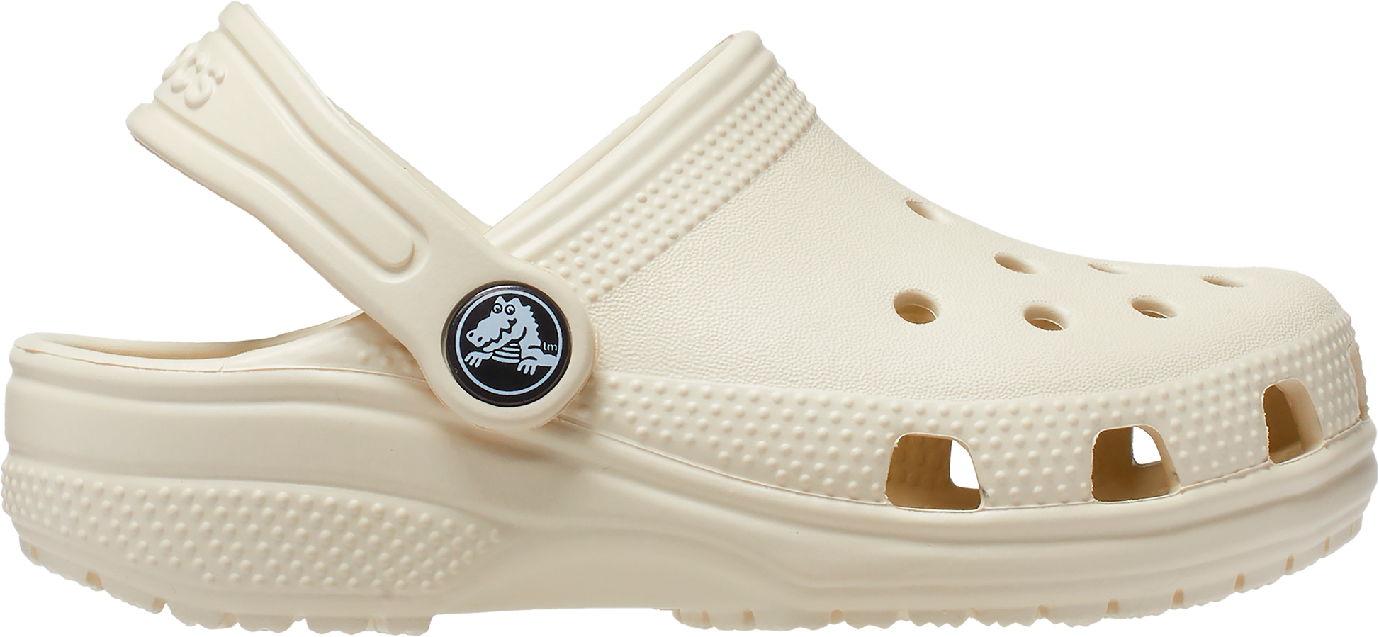 A pair of white Crocs Classic Clogs for toddlers with pivoting heel straps and a logo on the top.